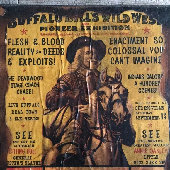 VTG Wild West Buffalo Bill Jesse James Lacquered Decoupage Burnished Wood Signs - Picture 3 of 8